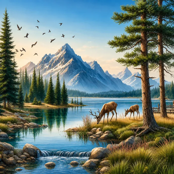 Tranquil Shore Mountain Deer Landscape Canvas wall art print | PrintPosters.in